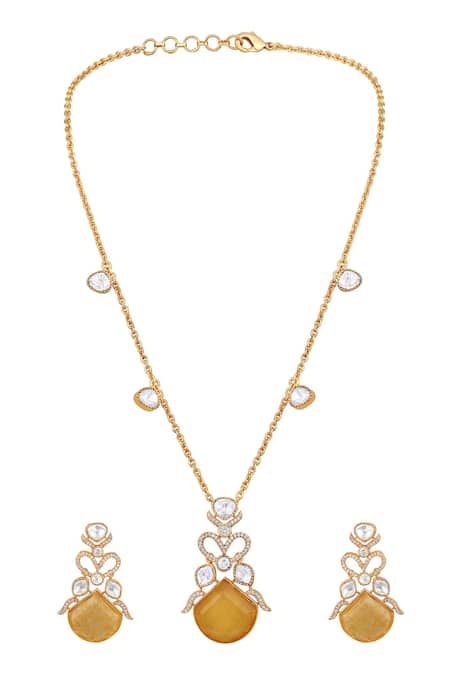 Shop HRISHA Gold Plated Designer Necklace And Earring Set at Aza Fashions Shop_HRISHA_Gold Plated Designer Necklace And Earring Set _at_Aza_Fashions