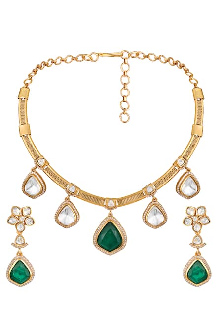 Hrisha Designer Green Gold Plated Jewelry Set 