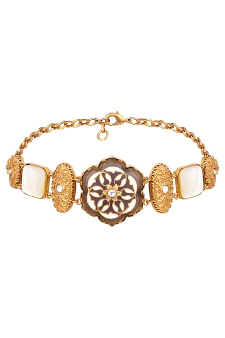 Buy_HRISHA_Gold Plated Stones Antique Floral Necklace And Earring Set_Online_at_Aza_Fashions