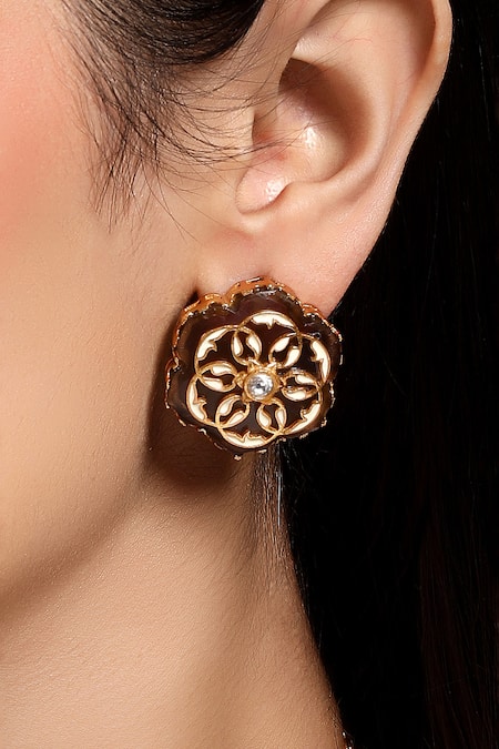 Shop_HRISHA_Gold Plated Stones Antique Floral Necklace And Earring Set_Online_at_Aza_Fashions