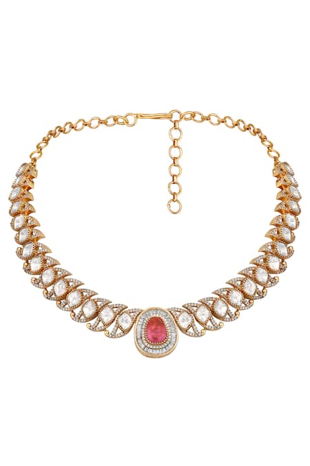Hrisha_Pink Kundan Polki Necklace And Earring Set _Online_at_Aza_Fashions