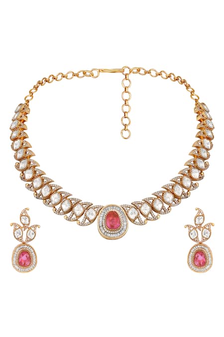 Hrisha Pink Kundan Polki Necklace & Earring Set 