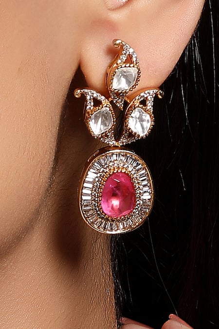 Shop_Hrisha_Pink Kundan Polki Necklace And Earring Set _Online_at_Aza_Fashions