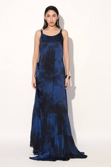 Shop_Linetribe__Blue Viscose, Satin Round Neck Designer Gown _Online_at_Aza_Fashions