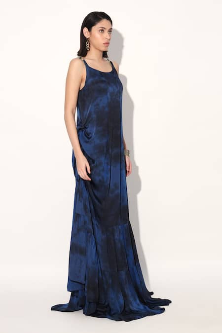 Linetribe__Blue Viscose, Satin Round Neck Designer Gown _at_Aza_Fashions