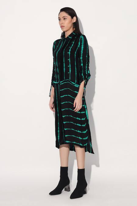 Buy Linetribe_ Black Viscose, Satin Collared Green Designer Dress Online at Aza Fashions Buy_Linetribe__Black Viscose, Satin Collared Green Designer Dress _Online_at_Aza_Fashions