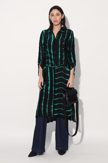 Linetribe_ Black Viscose, Satin Collared Green Designer Dress