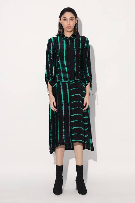 Shop Linetribe_ Black Viscose, Satin Collared Green Designer Dress Online at Aza Fashions Shop_Linetribe__Black Viscose, Satin Collared Green Designer Dress _Online_at_Aza_Fashions