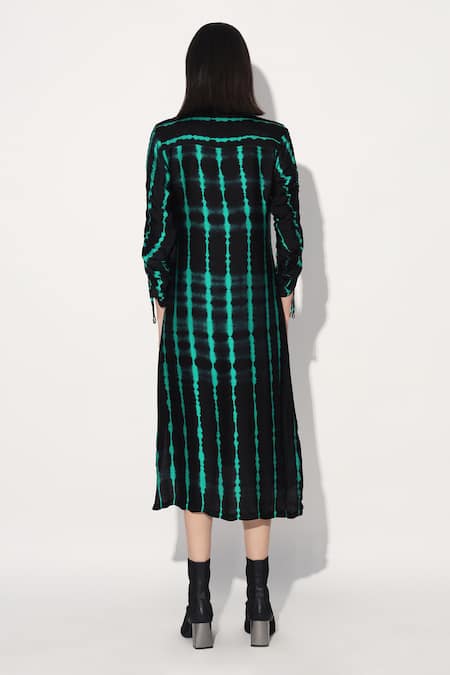 Shop Linetribe_ Black Viscose, Satin Collared Green Designer Dress at Aza Fashions Shop_Linetribe__Black Viscose, Satin Collared Green Designer Dress _at_Aza_Fashions