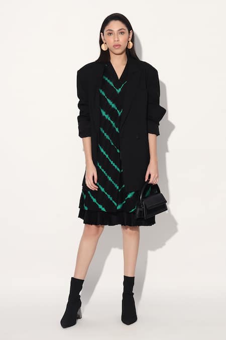 Linetribe_ Black Viscose, Silk V-neck Green Designer Dress
