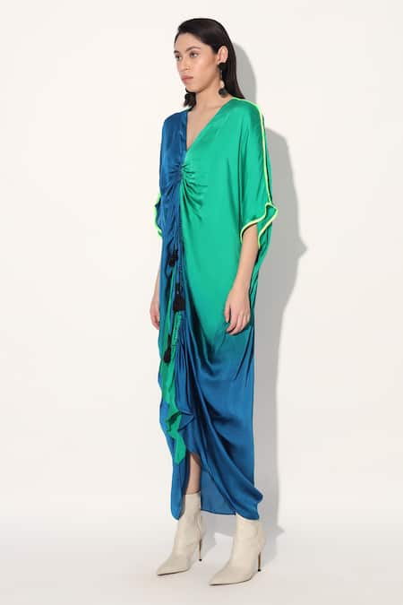 Linetribe_ Green Viscose, Satin V-neck Blue Designer Kaftan Dress Online at Aza Fashions Linetribe__Green Viscose, Satin V-neck Blue Designer Kaftan Dress _Online_at_Aza_Fashions