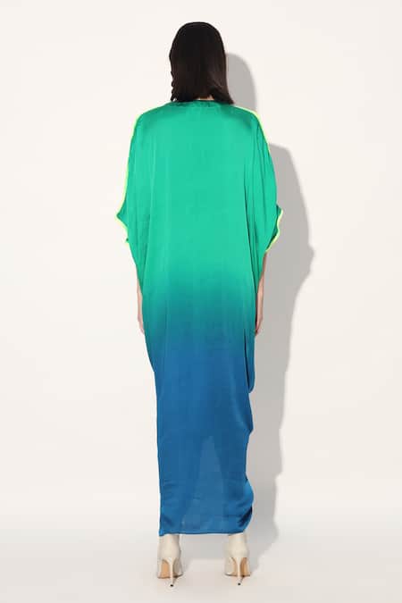 Shop Linetribe_ Green Viscose, Satin V-neck Blue Designer Kaftan Dress at Aza Fashions Shop_Linetribe__Green Viscose, Satin V-neck Blue Designer Kaftan Dress _at_Aza_Fashions