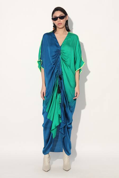 Linetribe_ Green Viscose, Satin V-neck Blue Designer Kaftan Dress at Aza Fashions Linetribe__Green Viscose, Satin V-neck Blue Designer Kaftan Dress _at_Aza_Fashions