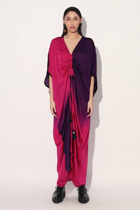 Linetribe__Multi Color Viscose, Satin V-neck Ombre Kaftan Dress _at_Aza_Fashions