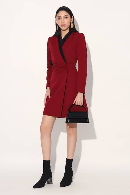 Linetribe_ Red Crepe V-neck Designer Dress 