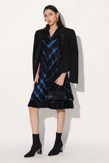 Linetribe_ Black Viscose, Silk Split V-neck Blue Tie-dye Dress