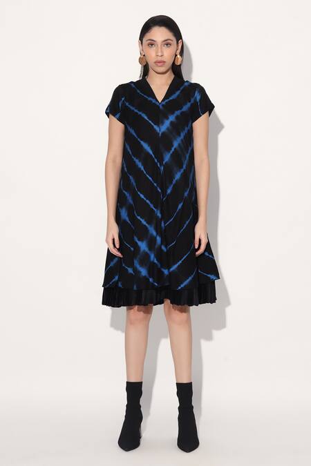 Linetribe_ Black Viscose, Silk Split V-neck Blue Tie-dye Dress at Aza Fashions Linetribe__Black Viscose, Silk Split V-neck Blue Tie-dye Dress _at_Aza_Fashions