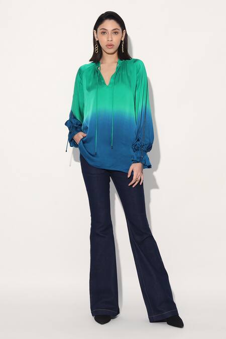 Linetribe_ Green Viscose, Satin V-neck Gradient Top Online at Aza Fashions Linetribe__Green Viscose, Satin V-neck Gradient Top _Online_at_Aza_Fashions