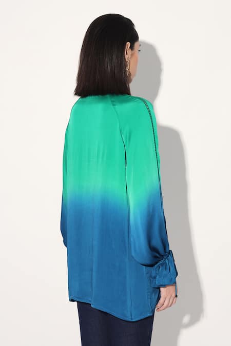 Buy Linetribe_ Green Viscose, Satin V-neck Gradient Top Online at Aza Fashions Buy_Linetribe__Green Viscose, Satin V-neck Gradient Top _Online_at_Aza_Fashions