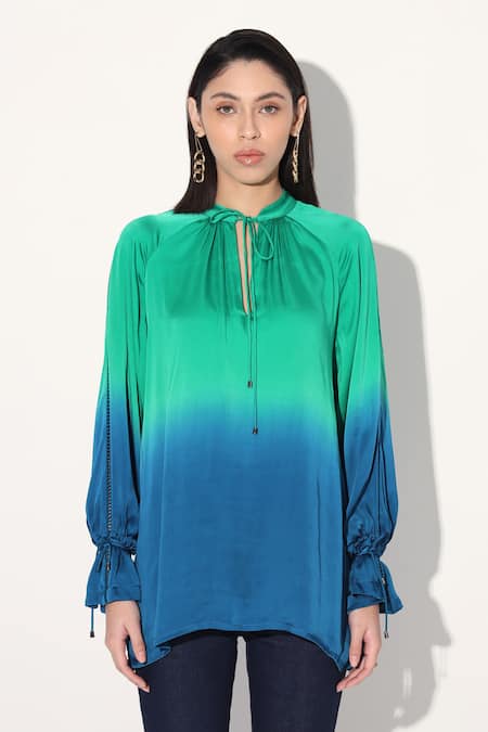 Shop Linetribe_ Green Viscose, Satin V-neck Gradient Top Online at Aza Fashions Shop_Linetribe__Green Viscose, Satin V-neck Gradient Top _Online_at_Aza_Fashions