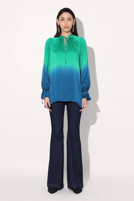 Linetribe_ Green Viscose, Satin V-neck Gradient Top at Aza Fashions Linetribe__Green Viscose, Satin V-neck Gradient Top _at_Aza_Fashions