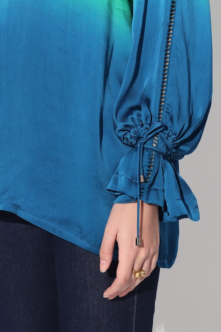 Buy Linetribe_ Green Viscose, Satin V-neck Gradient Top Buy_Linetribe__Green Viscose, Satin V-neck Gradient Top