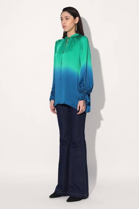 Shop Linetribe_ Green Viscose, Satin V-neck Gradient Top Shop_Linetribe__Green Viscose, Satin V-neck Gradient Top