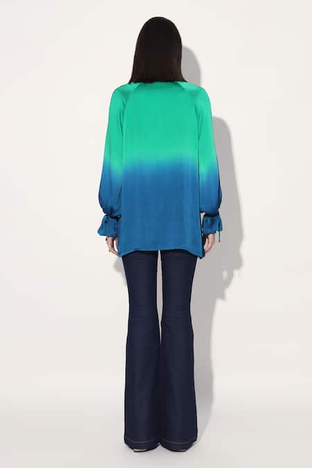 Shop Linetribe_ Green Viscose, Satin V-neck Gradient Top at Aza Fashions Shop_Linetribe__Green Viscose, Satin V-neck Gradient Top _at_Aza_Fashions