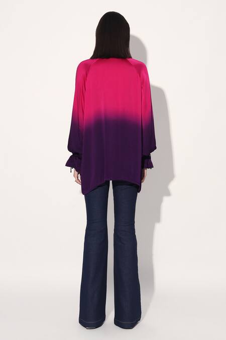 Shop Linetribe Multi Color Viscose, Satin Keyhole Neck Ombre Top at Aza Fashions Shop_Linetribe_Multi Color Viscose, Satin Keyhole Neck Ombre Top _at_Aza_Fashions