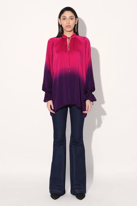 Shop Linetribe Multi Color Viscose, Satin Keyhole Neck Ombre Top Online at Aza Fashions Shop_Linetribe_Multi Color Viscose, Satin Keyhole Neck Ombre Top _Online_at_Aza_Fashions