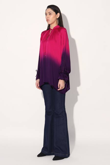 Linetribe Multi Color Viscose, Satin Keyhole Neck Ombre Top at Aza Fashions Linetribe_Multi Color Viscose, Satin Keyhole Neck Ombre Top _at_Aza_Fashions