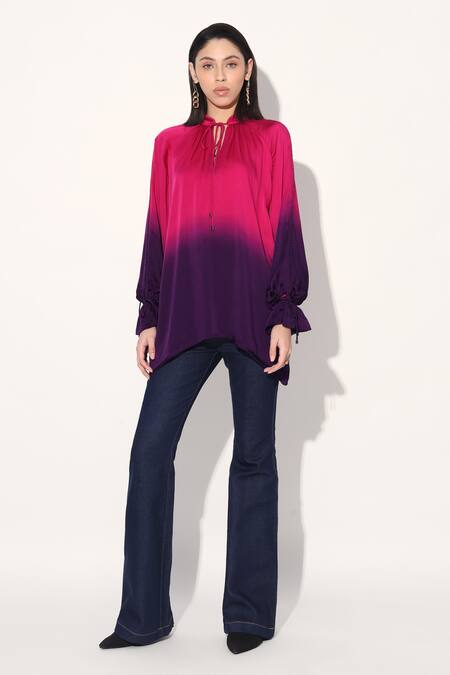 Buy Linetribe Multi Color Viscose, Satin Keyhole Neck Ombre Top Buy_Linetribe_Multi Color Viscose, Satin Keyhole Neck Ombre Top