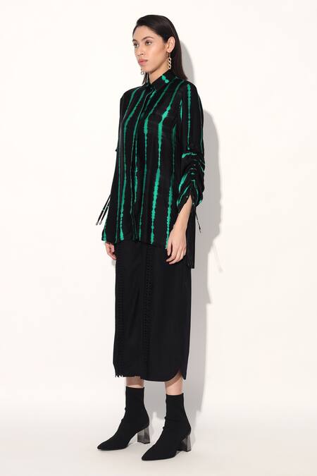 Linetribe_ Black Viscose, Satin Collared Green Designer Shirt Online at Aza Fashions Linetribe__Black Viscose, Satin Collared Green Designer Shirt _Online_at_Aza_Fashions