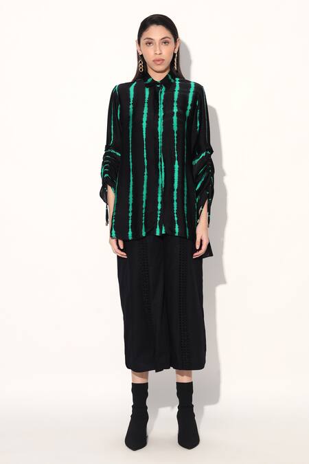 Buy Linetribe_ Black Viscose, Satin Collared Green Designer Shirt Online at Aza Fashions Buy_Linetribe__Black Viscose, Satin Collared Green Designer Shirt _Online_at_Aza_Fashions