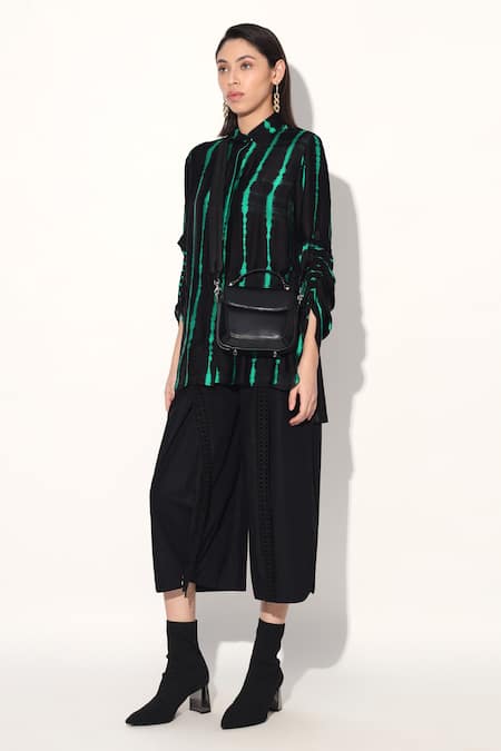 Linetribe_ Black Viscose, Satin Collared Green Designer Shirt 