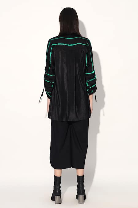 Shop Linetribe_ Black Viscose, Satin Collared Green Designer Shirt at Aza Fashions Shop_Linetribe__Black Viscose, Satin Collared Green Designer Shirt _at_Aza_Fashions