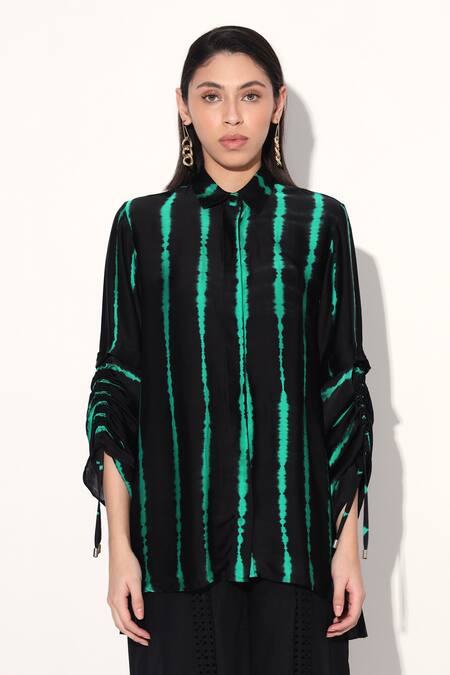 Shop Linetribe_ Black Viscose, Satin Collared Green Designer Shirt Online at Aza Fashions Shop_Linetribe__Black Viscose, Satin Collared Green Designer Shirt _Online_at_Aza_Fashions