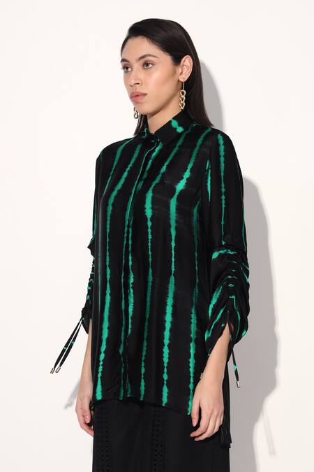 Linetribe_ Black Viscose, Satin Collared Green Designer Shirt at Aza Fashions Linetribe__Black Viscose, Satin Collared Green Designer Shirt _at_Aza_Fashions