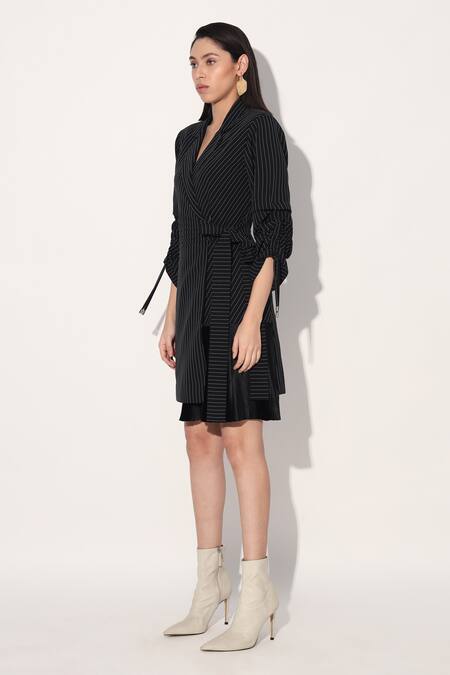 Linetribe_ Black Crepe Open Neck Striped Designer Dress Online at Aza Fashions Linetribe__Black Crepe Open Neck Striped Designer Dress _Online_at_Aza_Fashions