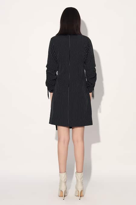 Shop Linetribe_ Black Crepe Open Neck Striped Designer Dress at Aza Fashions Shop_Linetribe__Black Crepe Open Neck Striped Designer Dress _at_Aza_Fashions