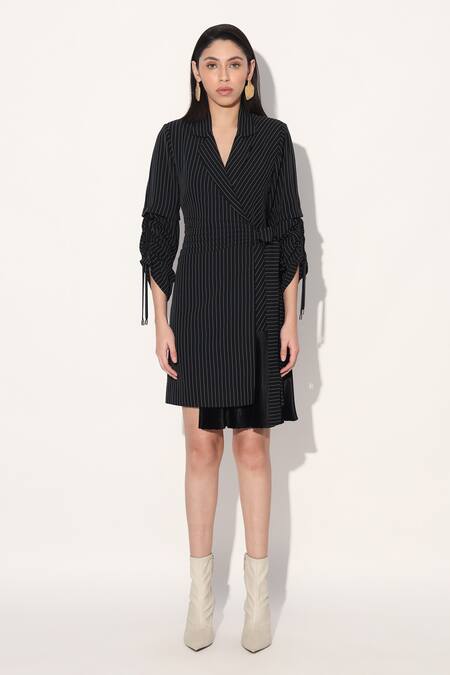 Buy Linetribe_ Black Crepe Open Neck Striped Designer Dress Online at Aza Fashions Buy_Linetribe__Black Crepe Open Neck Striped Designer Dress _Online_at_Aza_Fashions