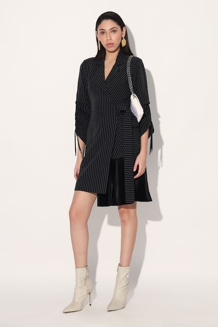 Linetribe_ Black Crepe Open Neck Striped Designer Dress 
