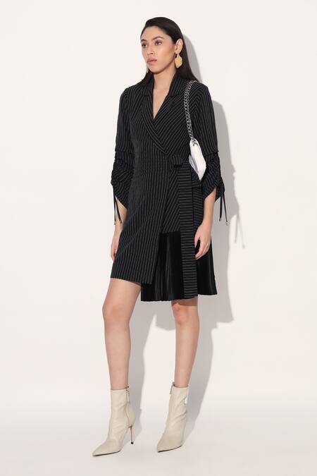 Buy Linetribe_ Black Crepe Open Neck Striped Designer Dress Buy_Linetribe__Black Crepe Open Neck Striped Designer Dress