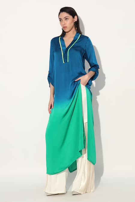 Linetribe_ Multi Color Viscose, Satin Split V-neck Designer Green Blue Tunic 