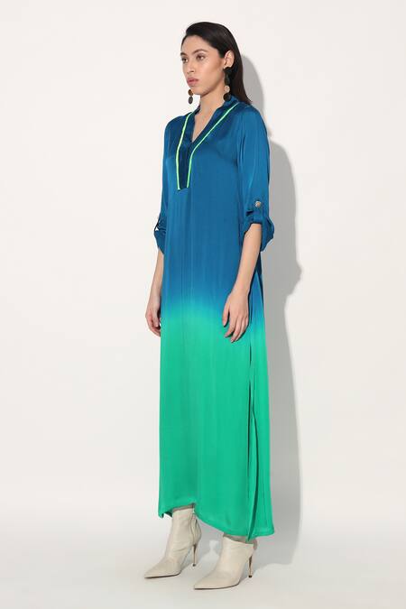 Linetribe_ Multi Color Viscose, Satin Split V-neck Designer Green Blue Tunic Online at Aza Fashions Linetribe__Multi Color Viscose, Satin Split V-neck Designer Green Blue Tunic _Online_at_Aza_Fashions