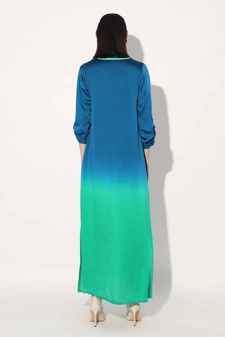 Shop Linetribe_ Multi Color Viscose, Satin Split V-neck Designer Green Blue Tunic at Aza Fashions Shop_Linetribe__Multi Color Viscose, Satin Split V-neck Designer Green Blue Tunic _at_Aza_Fashions