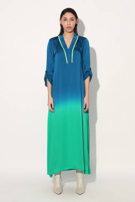Buy Linetribe_ Multi Color Viscose, Satin Split V-neck Designer Green Blue Tunic Online at Aza Fashions Buy_Linetribe__Multi Color Viscose, Satin Split V-neck Designer Green Blue Tunic _Online_at_Aza_Fashions