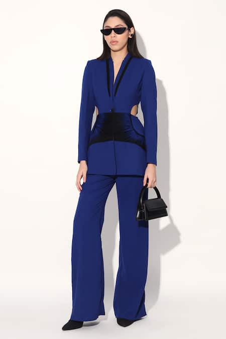 Linetribe_ Blue Crepe Designer Blazer And Pant Set 