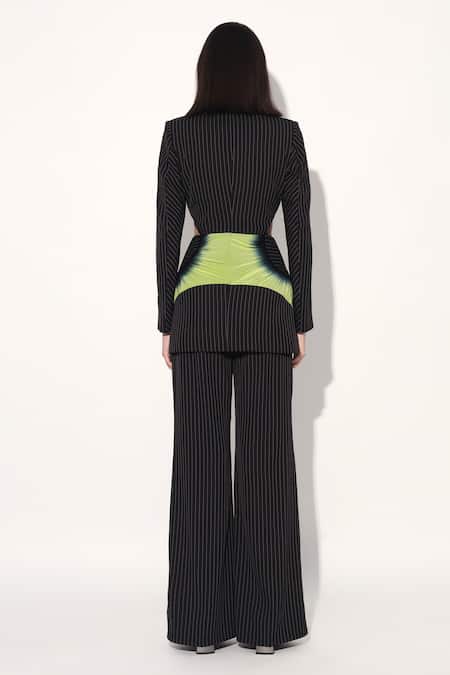Shop Linetribe_ Black Crepe Striped Designer Blazer And Pant Set at Aza Fashions Shop_Linetribe__Black Crepe Striped Designer Blazer And Pant Set _at_Aza_Fashions