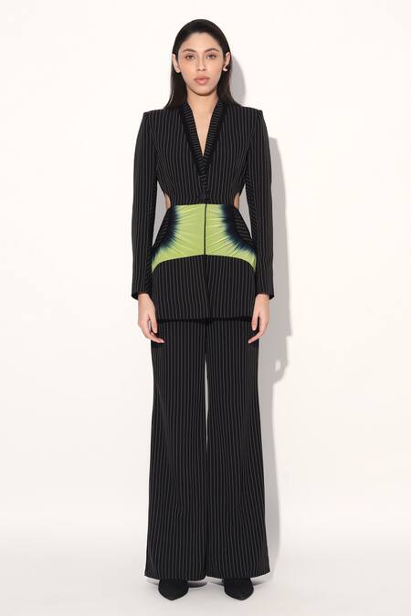 Linetribe_ Black Crepe Striped Designer Blazer And Pant Set Online at Aza Fashions Linetribe__Black Crepe Striped Designer Blazer And Pant Set _Online_at_Aza_Fashions